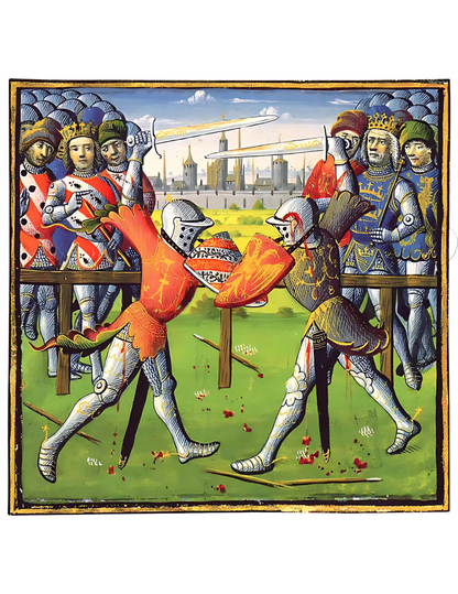 Combat de lances entre Lancelot et Gauvain — XIVe