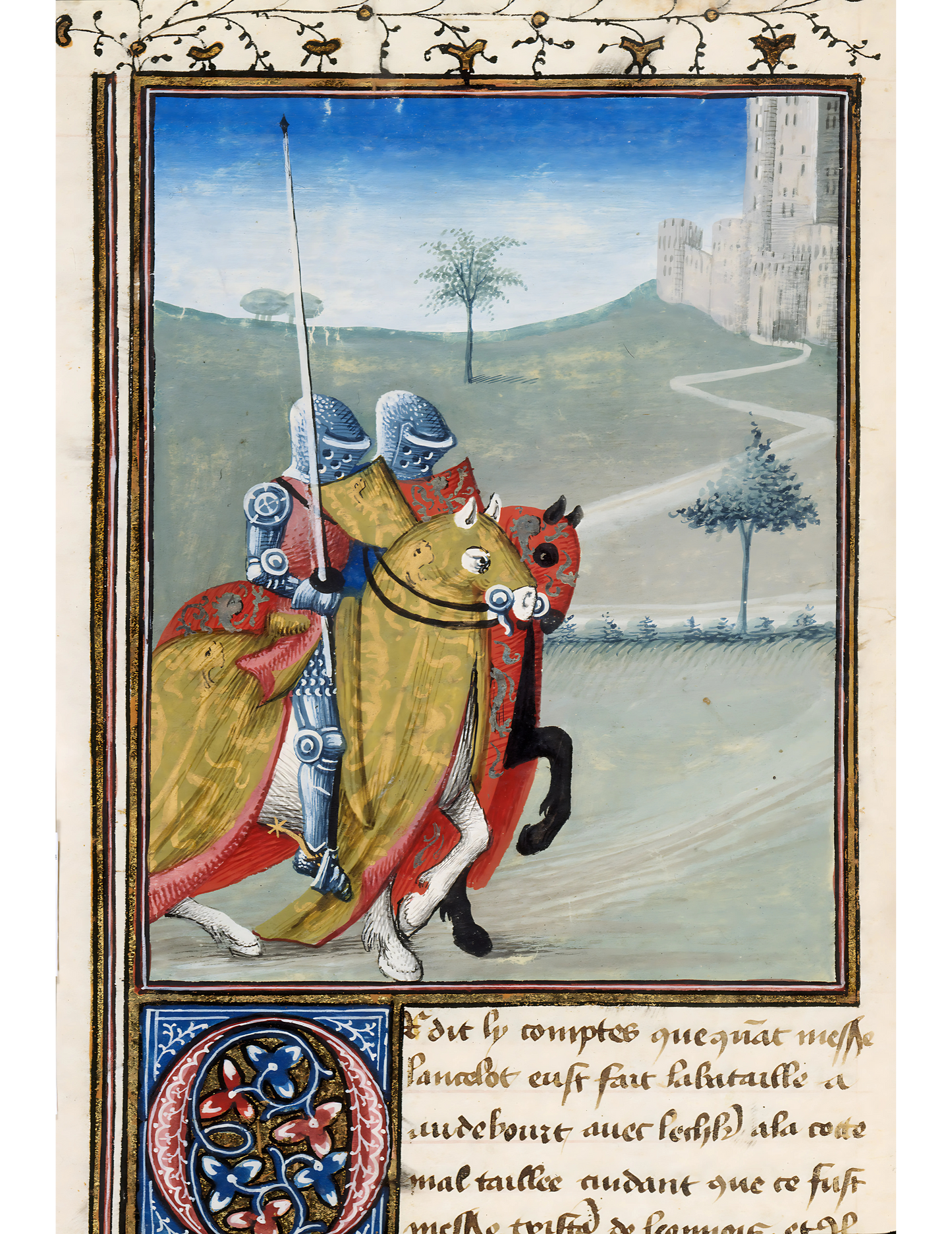 Tristan et Brunor le Noir à la Douloureuse Garde — Enluminure d’Évrard d’Espinques, XIIIᵉ-XVᵉ siècle